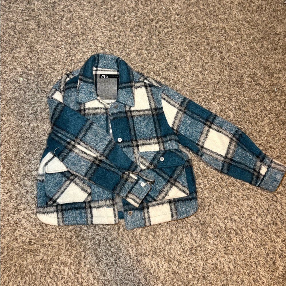 Zara Teal and White Plaid Kids Shacket
